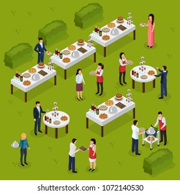 Catering Isometric Composition Banquet At Outdoor, Feast Tables, Staff On Green Background Vector Illustration 