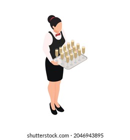Catering isometric icon with waitress holding tray with champagne glasses vector illustration