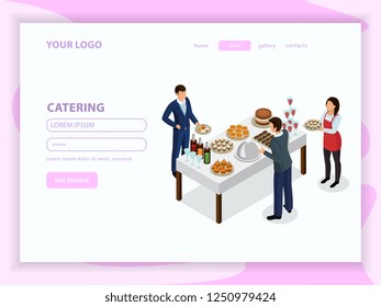 Catering isometric web page with waiter and visitors near table with drink and food vector illustration