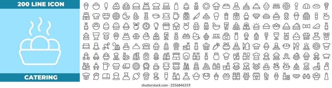 Catering Line Editable Icons set. Vector illustration in modern thin line style of Catering icons: Containing fork, spoon, knife, plate, cloche, tray, chef hat,beverage, food, dining table, etc