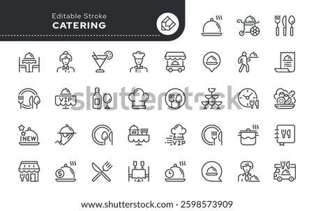 Catering line icon set. Catering service, food, delivery of ready meals, guest service, menu for event, banquet and more. Outline vector icon in linear style. Pictogram collection.	

