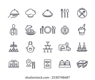 Catering line icons set (Restaurando ícones de linha). Símbolos simples com menu de restaurante, garçom, prato, talheres e serviço de entrega. Traçado editável. Coleção de ilustrações de vetor de contorno isolada no plano de fundo branco