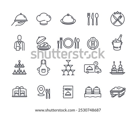 Catering line icons set. Simple symbols with restaurant menu, waiter, dish, cutlery and delivery service. Editable stroke. Outline vector illustration collection isolated on white background