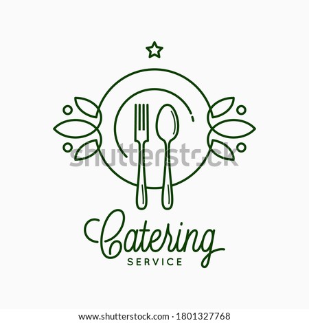 Catering linear logo with plate and fork on white background