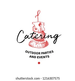 Catering Logo Concept. Vector Label. Hand Drawn Canape For Outdoor Party And Event Agency. Food Service. Drawing For Restaurant Company Design.