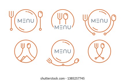 catering logo. menu logo. spoon, fork and plate symbols set