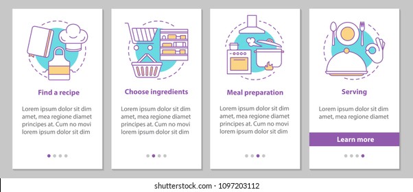 Catering onboarding mobile app page screen with linear concepts. Choosing recipes, ingredients, food preparation, serving steps graphic instructions. UX, UI, GUI vector template with illustrations