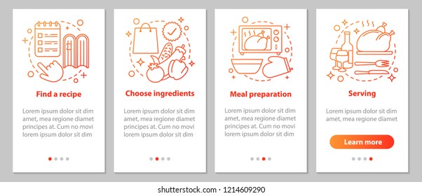 Catering onboarding mobile app page screen with linear concepts. Choosing recipes, ingredients, food preparation, serving steps graphic instructions. UX, UI, GUI vector template with illustrations