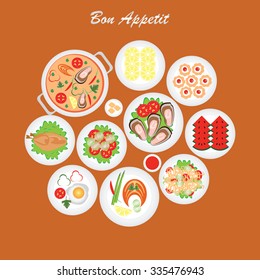 Catering party with a lot of food, roasted Turkey, salad, spaghetti, fruit watermelon and orange, vector illustration.