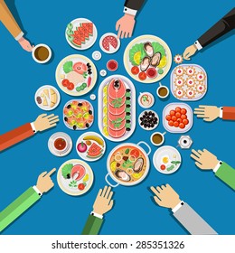 Catering party with people hands and a table of dishes from the menu, top view. Vector flat illustration.Catering business