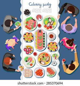 Catering party with people and a table of dishes from the menu, top view. Vector flat illustration.Catering business