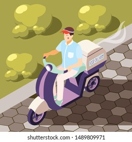 Catering in plane isometric background with motorbike courier vector illustration