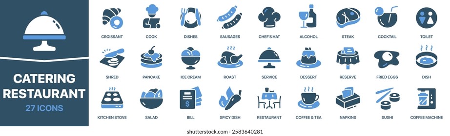 Catering and restaurant colored signed icon collection. Cook, roast, dish, salad, coffee icons. UI icon set. Colored icons pack. Vector illustration