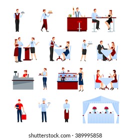 Catering in the restaurant icons set with tables and waiters flat isolated vector illustration 