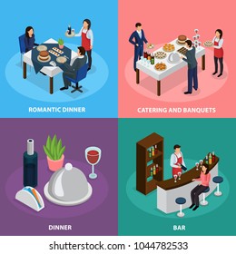 Catering service concept 4 isometric icons square with banquet buffet bar engagement romantic dinner isolated vector illustration  