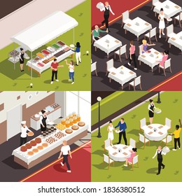 Catering service concept 4 isometric compositions with banquette buffet corporate lunch outdoor wedding celebration isolated vector illustration 