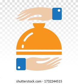 catering service flat icon with waiter hand holding food cloche serving plate on a transparent background