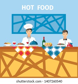 Catering Service Flat Vector illustration. Hot Food Buffet with Alcohol. Masterchef and Waiter sitting at Served Table Cartoon Characters. Banquet, Buffet, Cafe, Poster Design Layout