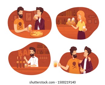 Catering service flat vector illustrations set. Happy bar visitors and workers cartoon characters. Cheerful young friends drinking alcohol. Smiling bartender and waitress with beer. Recreation in pub
