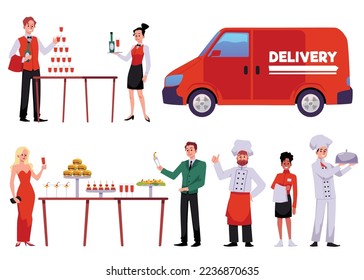 Catering service and food delivery, flat vector illustration isolated on white background. Waitresses and chefs organizing banquet or event with drinks and snacks.