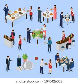 Catering Service Isometric Elements Collection With Corporate Meeting Banquets Anniversaries Wedding Buffet Bar Guests Waiters Vector Illustration 