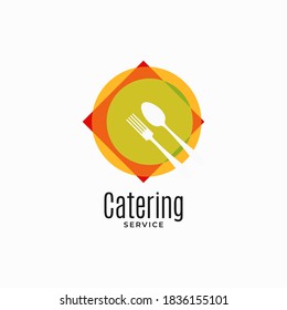 Catering service logo. Plate with fork and spoon catering on white background