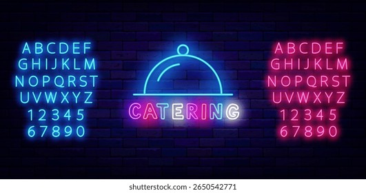 Catering service neon label with dish icon. Banquet party. Food delivery for event. Vector stock illustration