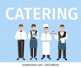 Catering Service Personnel Word Concept Banner. Waiters, Chef Cook with Plate and Tray. Dining room Service. Kitchen Workers Cartoon Characters with Lettering. Restaurant, Cafe, Cafeteria Poster