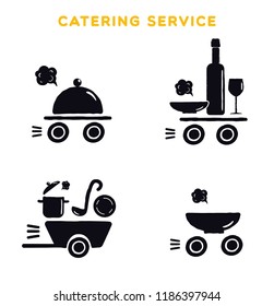 Catering service. Set of black logo on white background. Illustration of cooking utensils. Food delivery concept.