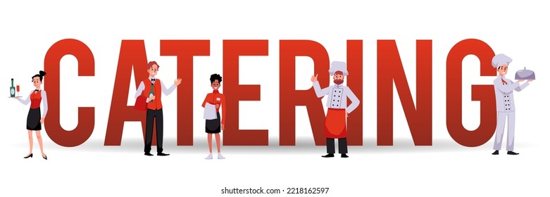 Catering-Service typografische Header, flache Vektorgrafik einzeln auf weißem Hintergrund. Kleine Leute, die bei der Veranstaltung arbeiten und Essen und Getränke servieren. Professionelle Kellner und Köche.