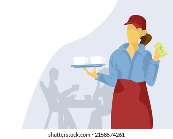 Catering service vector template. A young woman in red uniform holding silver with cups and money. First job concept