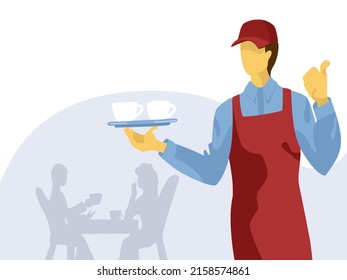 Catering service vector template. A young man in red uniform holding silver with cups. First job concept