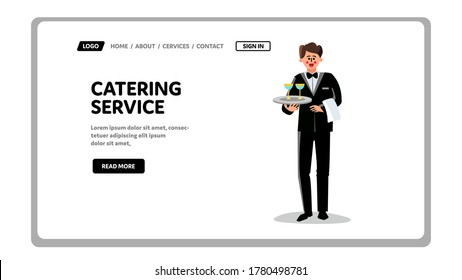 Catering Service Worker With Drinks On Tray Vector. Catering Service Waiter Holding Salver With Alcoholic Or Non-alcoholic Beverage Glasses. Character Cafe Staff Web Flat Cartoon Illustration