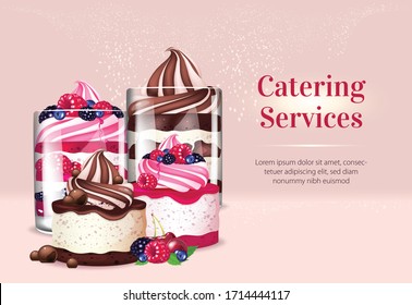 Catering services realistic vector product ads banner template. Creamy cakes with berries 3d mock up design. Desserts delivery advertisement horizontal printable flyer, brochure with text space