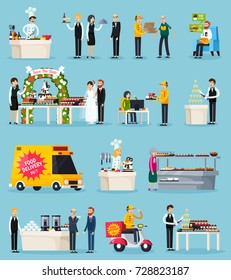 Catering set of orthogonal flat icons with chef and waiters, food delivery, events, canteen isolated vector illustration 