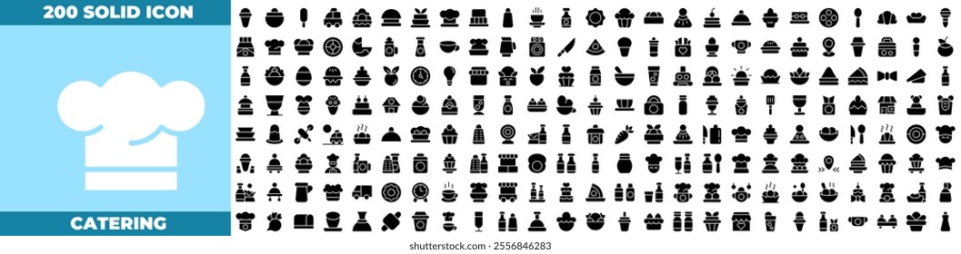 Catering Solid Editable Icons set. Vector illustration in modern thin solid style of Catering icons: Containing fork, spoon, knife, plate, cloche, tray, chef hat,beverage, food, dining table, etc