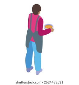 Catering staff member wearing apron holding bowl of soup, providing food service at event