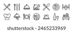 Catering thin line icon set. Containing fork, spoon, knife, plate, cloche, tray, chef hat, beverage, food, dining table, and waiter. Cutlery or tableware in restaurant, kitchen. Vector illustration