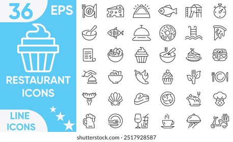 Catering dünne Linie Symbol-Set. Enthaltend Gabel, Löffel, Messer, Teller, Uhren, Tablett, Kochmütze, Getränk, Essen, Esstisch-Icon-Set