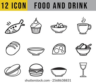 Catering thin line icon set. Containing fork, spoon, knife, plate, cloche, tray, chef hat, beverage, food, dining table, and waiter. 