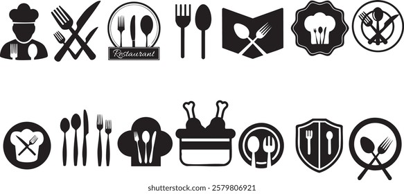 Catering thin line icon set. Containing fork, spoon, knife, plate, cloche, tray, chef hat, beverage, food, dining table, and waiter. Cutlery or tableware in restaurant. Vector illustration