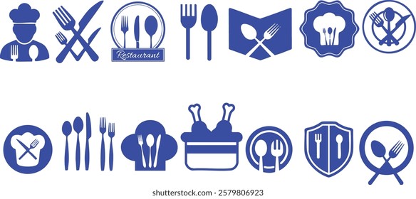 Catering thin line icon set. Containing fork, spoon, knife, plate, cloche, tray, chef hat, beverage, food, dining table, and waiter. Cutlery or tableware in restaurant. Vector illustration