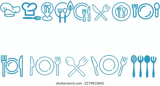 Catering thin line icon set. Containing fork, spoon, knife, plate, cloche, tray, chef hat, beverage, food, dining table, and waiter. Cutlery or tableware in restaurant. Vector illustration