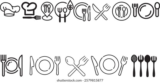 Catering thin line icon set. Containing fork, spoon, knife, plate, cloche, tray, chef hat, beverage, food, dining table, and waiter. Cutlery or tableware in restaurant. Vector illustration