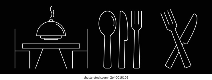 Catering thin line icon set. Containing fork, spoon, knife, plate, food, dining table icon. Cutlery or tableware in restaurant. Cutlery vector icon . 