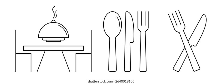 Catering thin line icon set. Containing fork, spoon, knife, plate, food, dining table icon. Cutlery or tableware in restaurant. Cutlery vector icon . 