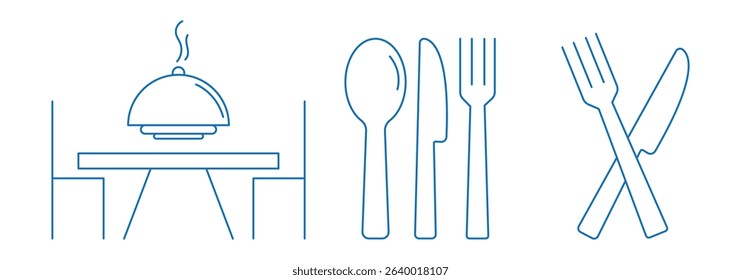 Catering thin line icon set. Containing fork, spoon, knife, plate, food, dining table icon. Cutlery or tableware in restaurant. Cutlery vector icon . 
