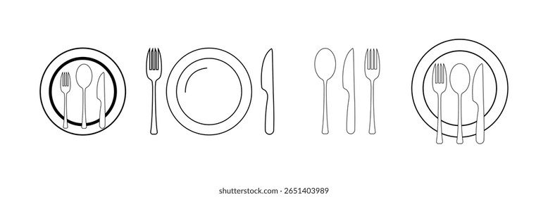 Catering thin line icon set. Containing fork, spoon, knife, plate, cloche. Vector illustration. 
