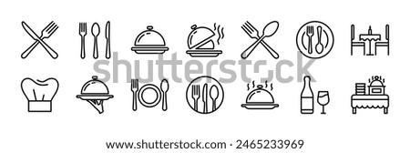 Catering thin line icon set. Containing fork, spoon, knife, plate, cloche, tray, chef hat, beverage, food, dining table, and waiter. Cutlery or tableware in restaurant, kitchen. Vector illustration