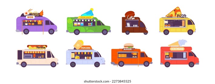 Catering trucks. Festival foodtruck, street cafe van food pushcart, burger pizza hotdog snack restaurant on wheels coffee vehicle bar bus, vector illustration of truck food car, street festival